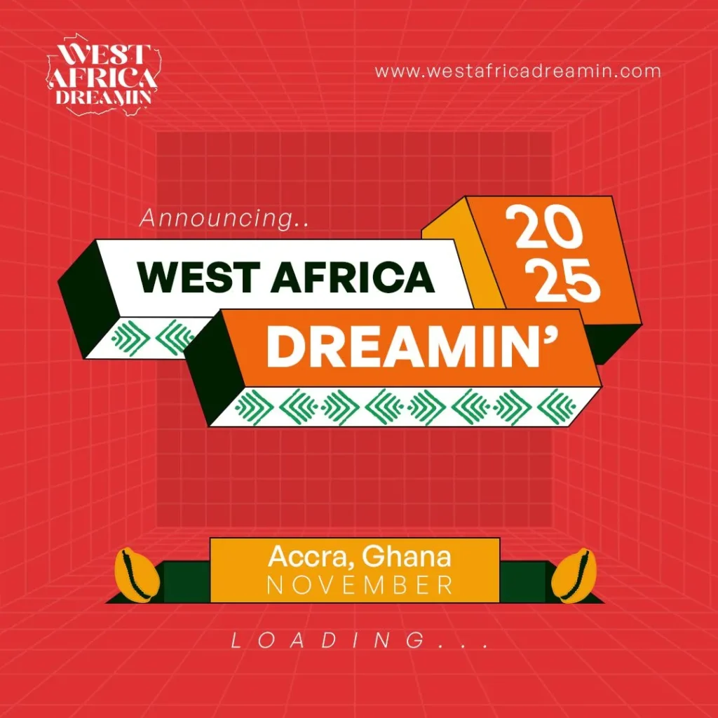 "West Africa Dreamin' 2025 announcement image featuring vibrant colors and a dynamic design, showcasing the event's logo, date, and key details about the conference focused on innovation and networking in the Salesforce ecosystem & tech industry across West Africa.